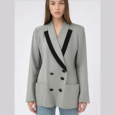 Blazer Oleg Cassini Gris Esmoquin Doble Pecho Muescas Borde Negro Mujer Talla 12 Foto 1 de 4
