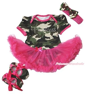 Rhinestone Princess Camouflage Bodysuit Hot Pink Skirt Baby Dress & Shoes NB-18M - Picture 1 of 3