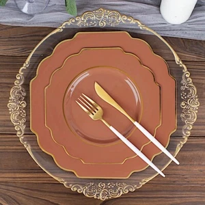 8.5-Inch Disposable Baroque PLASTIC DESSERT PLATES Gold Rim Decorations Wedding - Picture 1 of 73