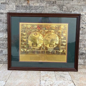 Gold Foil Piscator World Map Visscher Matted & Framed Hanging VTG c. 60s 30"x25" - Picture 1 of 18