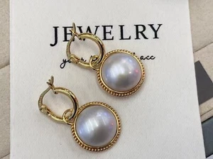 Pendientes de perlas mabe genuinas naturales de plata de ley 925 de 13-14 mm - Imagen 1 de 5