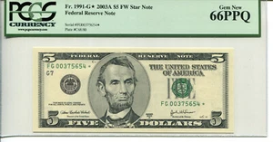 Fr 1991-G* STAR 2003A $5 Federal Reserve 65 PPQ GEM NEW 5 OF 5 - Picture 1 of 2