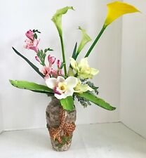 Floral Arrangement with Cala Lilys In a Brown Vase with Majolica Giraffe's
