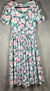 Vestido de té floral verde rosa vintage Laura Ashley algodón cuello en V para mujer talla 8 - Imagen 1 de 8