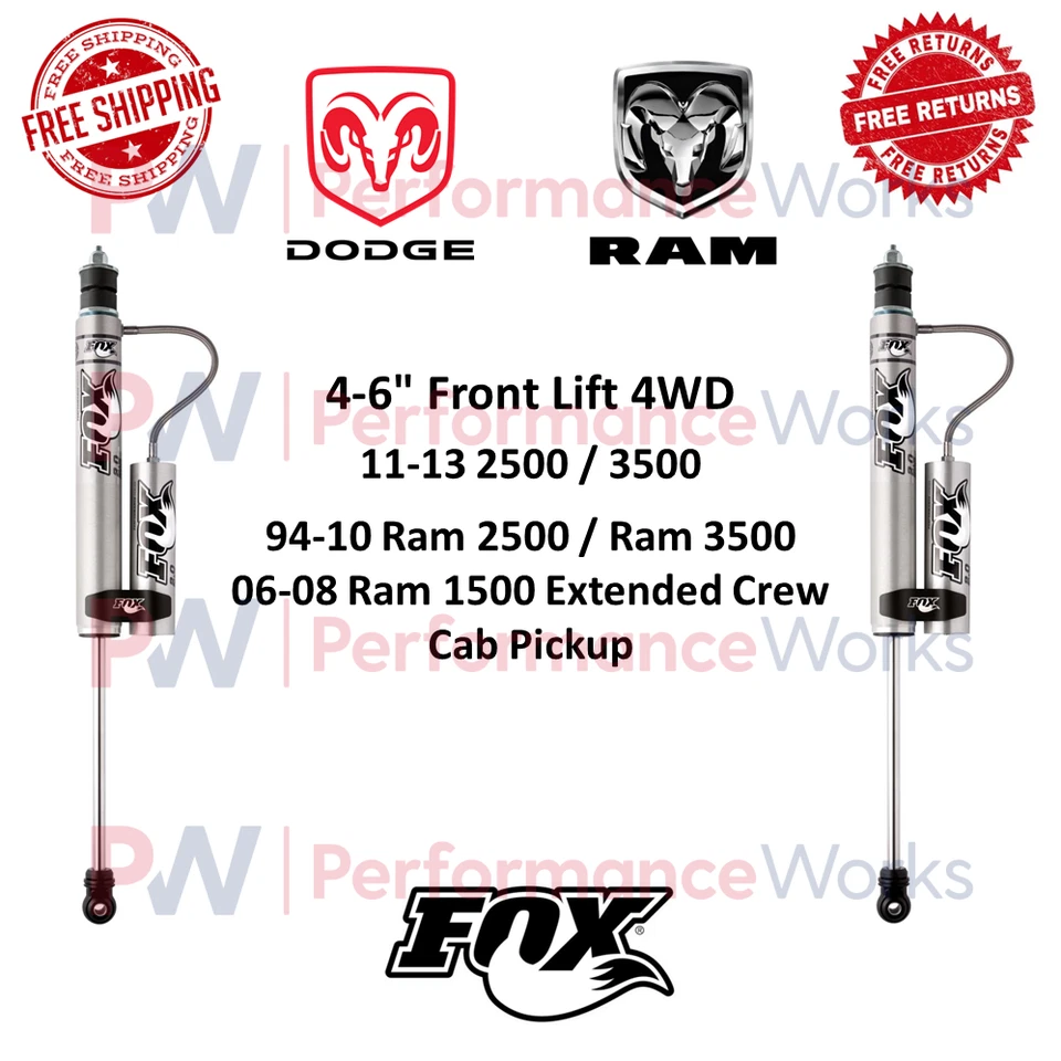 Par de amortiguadores de depósito Fox 2.0 4-6" elevación delantera para 94-10 Dodge Ram 2500/3500 4x4 Foto 1 de 4