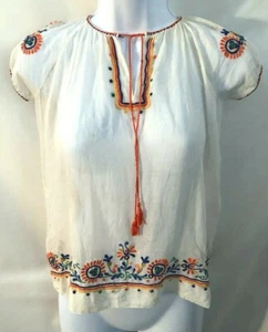 Vintage 1970s Hungarian embroidered tie tassel Peasant blouse top XS / SM - Picture 1 of 3