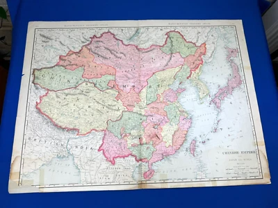 1906 Map CHINESE EMPIRE w/ Japan & Korea 28"x 20.5" Colored Provinces, Countries - Image 1 of 4