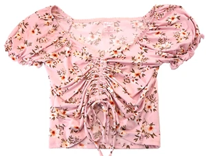 Pink Floral Crop Top Women's Jrs S 3-5 Cinched Front Romantic Cottage Feminine - Picture 1 of 8