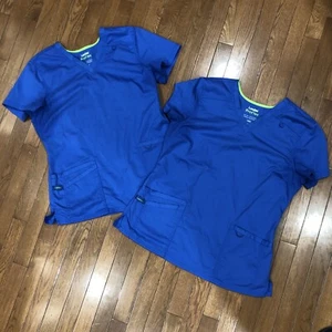 x2 Scrub Tops Size M Landau Proflex Blue w Green Trim 2 Pockets Pullover V Neck - Picture 1 of 12