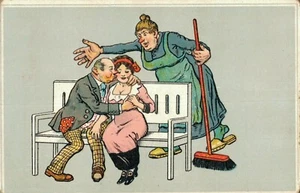 Comic Postcard Couple on a Bench Woman with a Broom behind them B28 - Picture 1 of 2