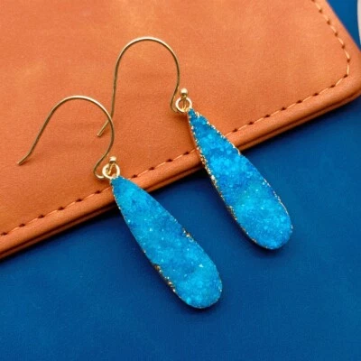 Pendientes colgantes druzy azul natural pendiente bohemio joyería drusa Foto 1 de 4