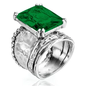 Jean Rachel 925 Sterling Silber Ring gehämmert Smaragd Achteck Zirkonia - Bild 1 von 9