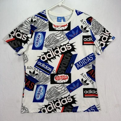 Adidas Camisa Niños 2XL Blanco Azul Rojo Todo Logo Gráfico Camiseta Originales XXL Foto 1 de 4