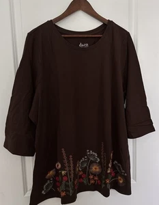 Top camicia D&Co Denim & Company marrone ricamato floreale 2X maglia manica 3/4 - Foto 1 di 10