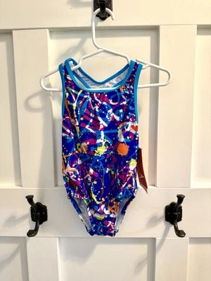 Speedo Racerback Swimsuit, Colorful Blue Print One Piece Girls Size 4 NEW NWT - Image 1 of 4