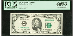 1977 Board Break on Face Error Fr. 1974-G $5 Federal Reserve Note PCGS 64 PPQ - Picture 1 of 2