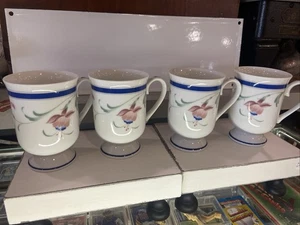 Vtg. Princess House Set Of (4) Coffee Mugs/Cups Tiger Lily With Blue Band - Picture 1 of 11