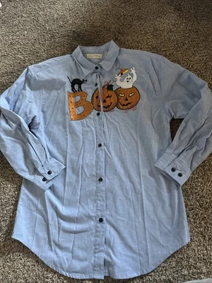 Vintage Falls Creek Embroidered Boo Button down Shirt Pumpkins Ghost Size Small - Image 1 of 4