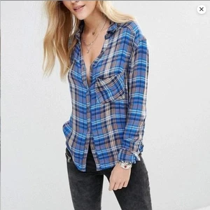 Free People Joplin Plaid Flannel Button Up Shirt Womens S Rayon Boho Grunge Blue - Picture 1 of 10