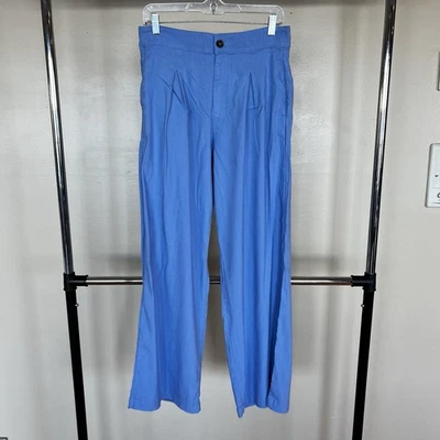 Pantalones de lino para mujer H by Halston 6 azules con parte inferior ancha tiro alto plisado delantero Foto 1 de 4