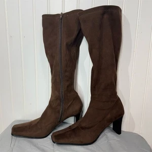 Y2K Croft & Barrow Brown Suede Tall Square Toe Zip Heel Boots Size 7 VTG Boho - Picture 1 of 7