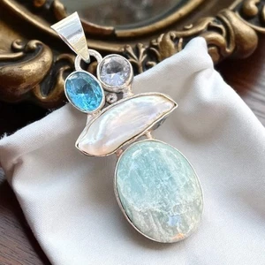 Aquamarin Perle massiv 925 Sterling Silber Anhänger - Bild 1 von 3