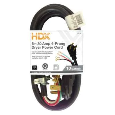 Cable de alimentación para secadora de 4 clavijas HDX 6 pies 10/4 30 amperios gris HD#601-004 Foto 1 de 3