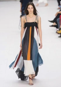 CHLOE Multi Color Pleated Silk Rope Off The Shoulder Maxi Dress Gown 38 6 - Picture 1 of 6