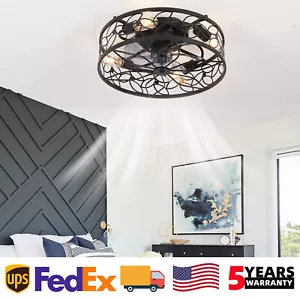 18 inch Ceiling Fan LED Light Farmhouse Black Flush Mount w Remote Control Kit - Picture 1 of 8
