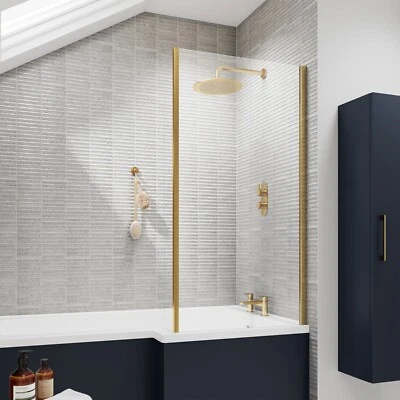 Bath Shower Fixed Screen L Shape 800mm Brushed Brass Square Glass Return Panel - Image 1 of 4