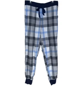 New Aerie Large Long Blue Gray Plaid Cotton Blend Flannel Jogger Pajama Pants - Picture 1 of 5