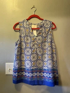 skies are blue shirt Blouse M NWT Blue Pink Sleeveless V neck Bohemian - Picture 1 of 6