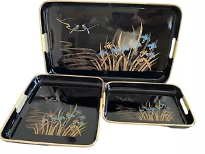 Set Vassoio Servizio Nidificazione Vintage Lacca Toyo Giappone Orientale Iris Nero Oro - Foto 1 di 12