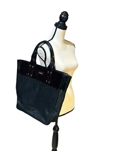 VERSACE PARFUMS Black Patent Leather Nylon Mesh Shoulder Large Tote Bag Designer - Picture 1 of 6