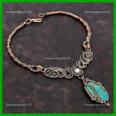 Collar de cumpleaños cadena envuelta en alambre de cobre piedra lunar arco iris piedra crisocola Foto 1 de 4