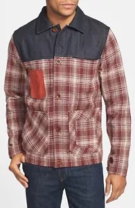 Marshall Artist Mens Wool Plaid Button Up Jacket - Burgundy / Blue Denim - XL - Picture 1 of 7