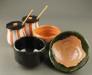 Senju Black Red Raku Tea Bowl And 5 Other Items I55 Utensils/Ancient Art/Period