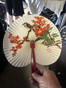 Vintage Floral & Bird Peoples Republic of China Paper Hand Fan, Red Handle - Picture 1 of 1