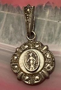 Antique Art Deco Theda Sterling Silver Miraculous Mary Marcasite MOP Pendant - Picture 1 of 9