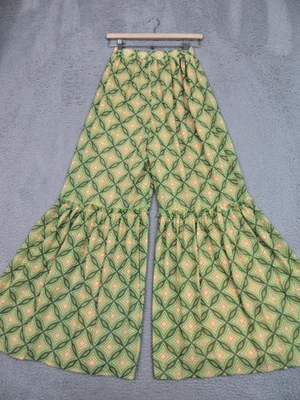 Pantalones Flying Tomato Mujer Pequeños Verde Amarillo Pierna Ancha Retro Boho Forrados Acampanados Foto 1 de 4