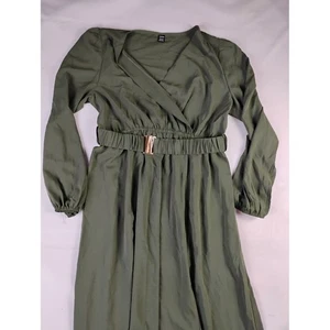 Shein Olive Green Long Sleeve Midi Dress Womens XL Gold Buckle Belt - Picture 1 of 3