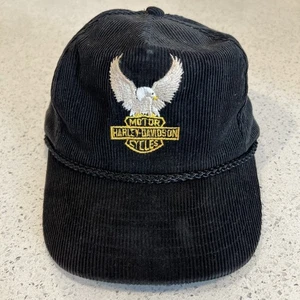 Vintage Harley Davidson Motorcycles Corduroy Hat Snapback Rope 80s 90s Logo Fade - Picture 1 of 5