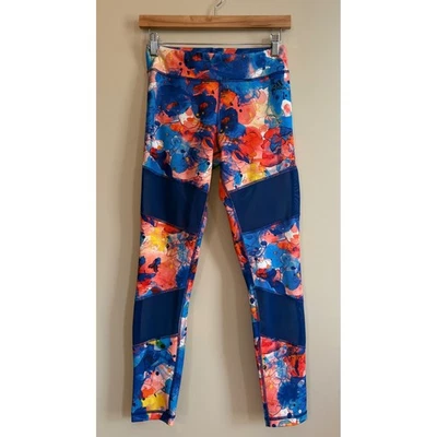 Adidas Abstract Floral Print Athletic Leggings Women's Size S Blue Orange Pink - Image 1 of 4