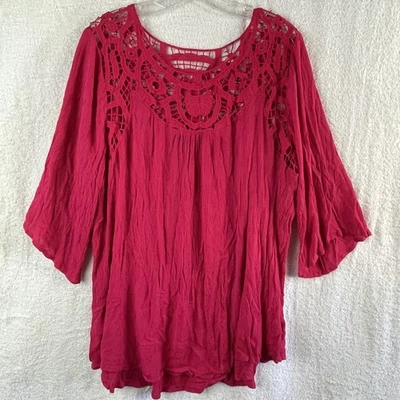 Roaman's Shirt Womens 22W Red Crochet Lace Peasant Tunic Boho Crinkle Rayon - Image 1 of 4