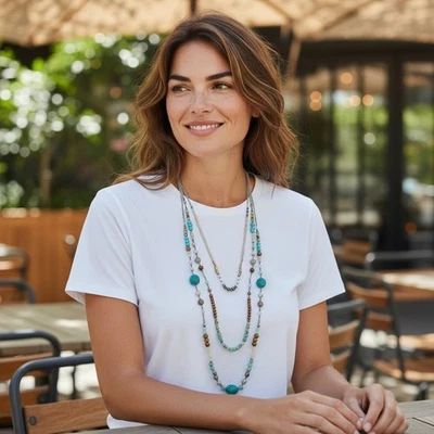 Collar bohemio con cuentas en capas azul turquesa marrón tono plata declaración Foto 1 de 3