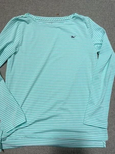 VINEYARD VINES girls performance boatneck simple tee teal stripe L stretch - Picture 1 of 5