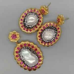 1Set White Keshi Pearl Fuchsia cz Pave gold plated Pendant Earrings Set - Picture 1 of 6