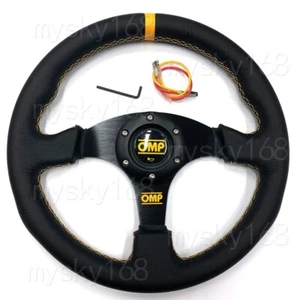 13inch OMP yellow Line Leather Drift Sport Steering Wheel Flat bracket 320MM - Picture 1 of 7