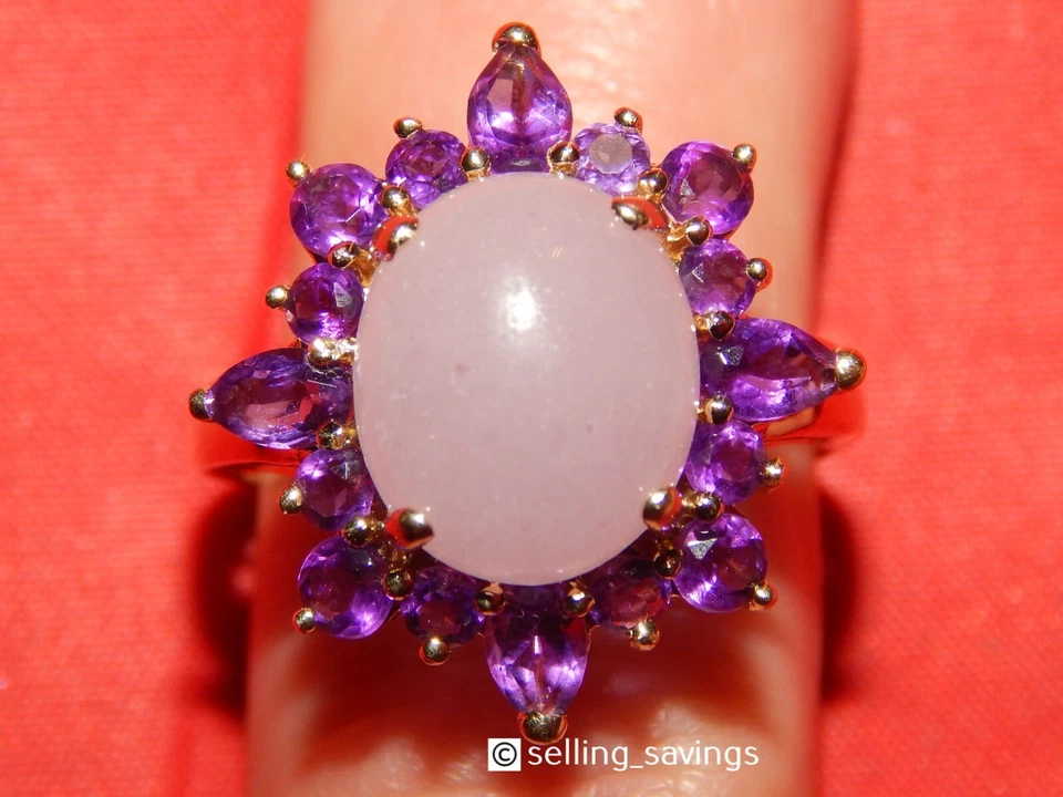 14K YELLOW GOLD 7.00 TCW  NATURAL LAVENDER JADE CABOCHON  & AMETHYST HALO RING   - Image 1 of 4