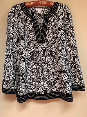 Charter Club Women’s Silk Cotton Tunic Top Size 12 Black White Print 3/4 Sleeve - Image 1 of 4